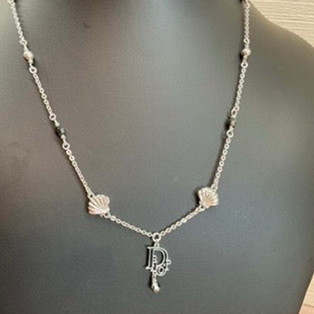 Dior Necklace - Shells Crystals & Trotter Drop Charm Silver